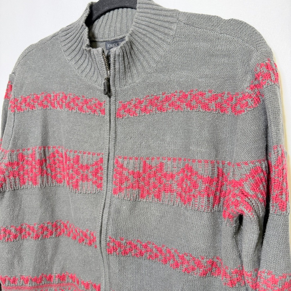 Nomadic Traders Gray Red Fair Isle Full Zip Mock Neck Cardigan Sweater Large